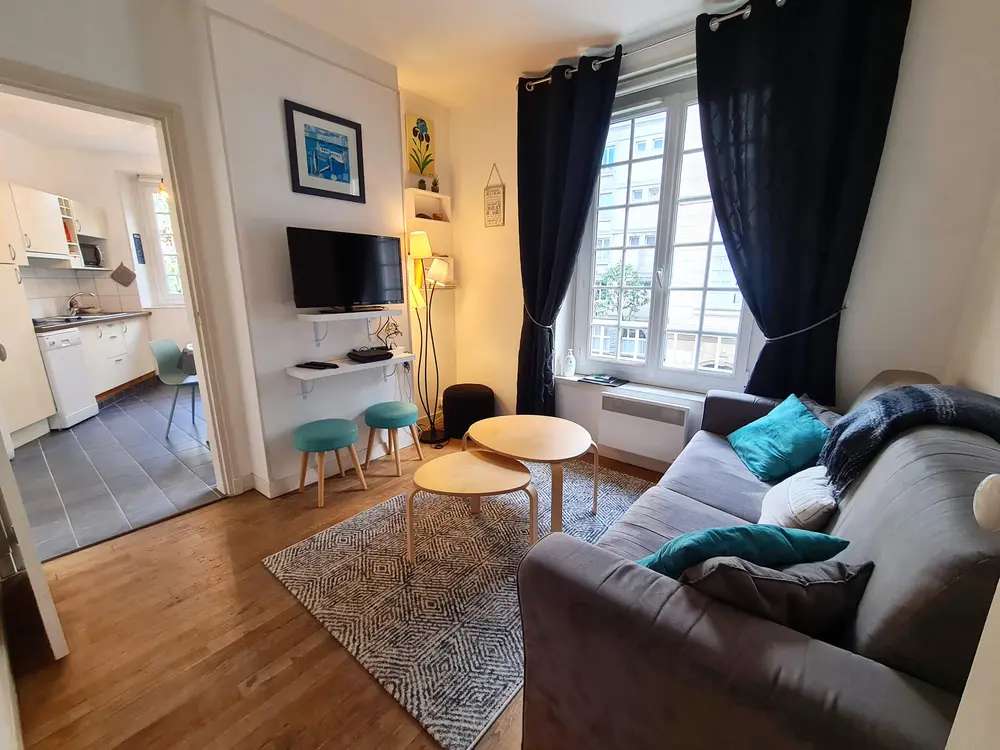 Le salon avec son canapé gris, ses coussins turquoise et une grande fenêtre